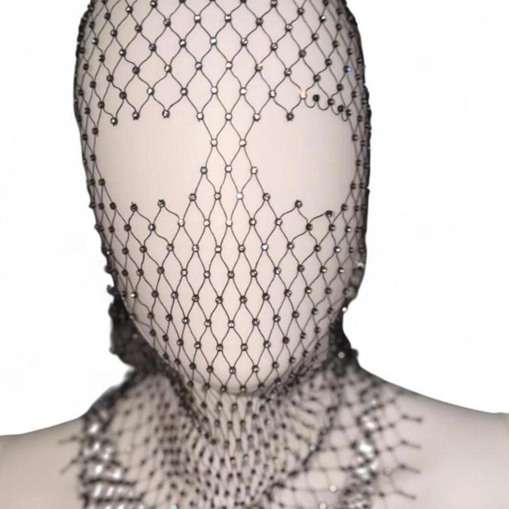 Avant Garde Black Mesh Veil Hood Hoodie Rhinestones Festival Rave Halloween